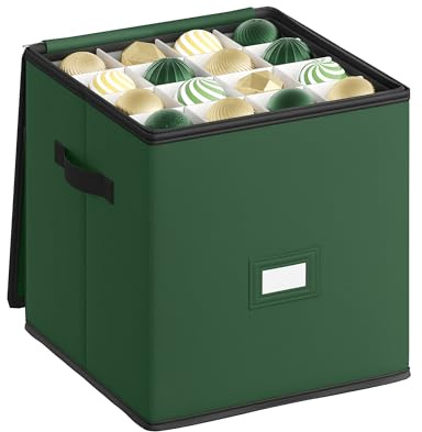 SONGMICS Aufbewahrungsbox für Weihnachtskugeln, Weihnachtskugeln Aufbewahrung, mit Deckel, Doppelreißverschluss, Tabletts aus PP-Kunststoff, Oxford-Gewebe, 64 Fächer je 7,6 cm, waldgrün RFB034C01