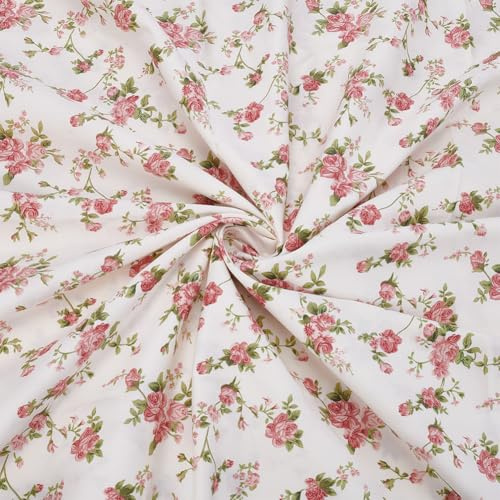 PLIGREAT 1 m Bedruckter Baumwollstoff Mit Blumenmuster 1.6 m Breiter Weißer Rosenblumen Musterstoff Vorgeschnitten Quilt Zubehör Für Bastelarbeiten Patchwork Nähen Heimdekoration