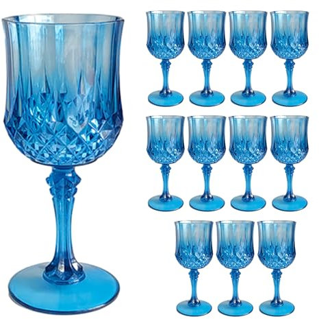 12pcs 220ml Wine Glasses, Cordial Goblet Glasses Reusable Plastic Cocktail Glasses, Easy to Clean, for Bar, Parties, Restaurant, Cafeteria Dark Blue