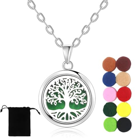 Aromatherapie Kette Aroma Diffuser, Aromatherapie ätherisches Öl Diffusor Frauen Halskette, versilbert Baum des Lebens Anhänger mit 10 Stück Baumwolldichtung, Geschenk für Mutter, Freundin
