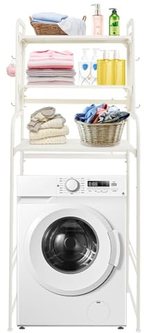 RjcdOPL 3-Tier Over Washing Machine Storage Rack, Adjustable Metal Laundry Shelf with Hooks, Space-Saving Bathroom & Utility Room Organiser (White)