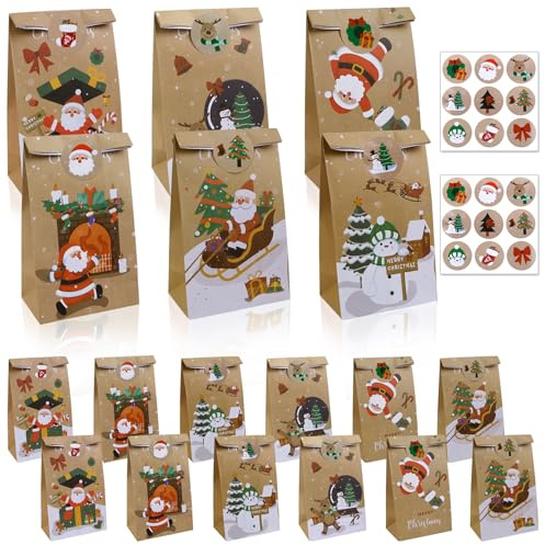 Geschenktüten Weihnachten- 12 Stück Personalisierte Papiertüten Weihnachten mit 18 Aufkleber, Geschenkverpackung Kraftpapier Tüten Obsttüten Brottüten Hochzeitstüten Geschenktüten2
