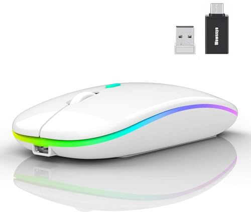 Wowssyo Maus Kabellos, 2,4 GHz-USB funkmaus, Bluetooth Maus, 1600 DPI Optical Tracking, Wiederaufladbare LED-Dual-Modus Mouse für Laptop, PC, iOS, Android, iPad, Windows -Weiß