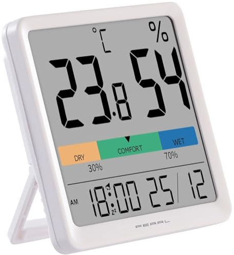 PEARL Küchenuhr: Thermo- und Hygrometer mit farbiger Komfort-Anzeige, Uhrzeit & Wecker (Hygro-Thermometer mit Wecker, Thermo-Hygrometer mit Uhr, Alarm)
