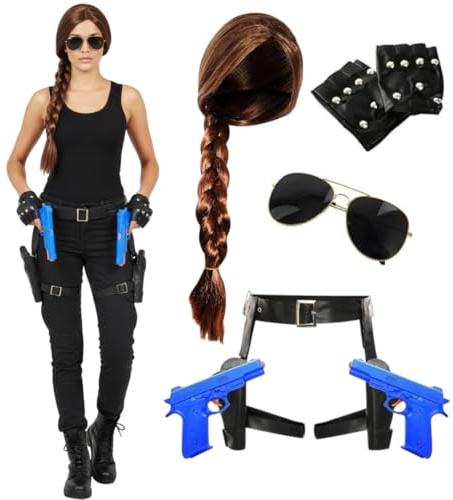 Damen Grabjäger-Kostüm - Schwarze Weste, braune Zopfperücke, Fliegergürtel, fingerlose Handschuhe, 2 blaue Spielzeugpistolen - Film Dress Up & Halloween