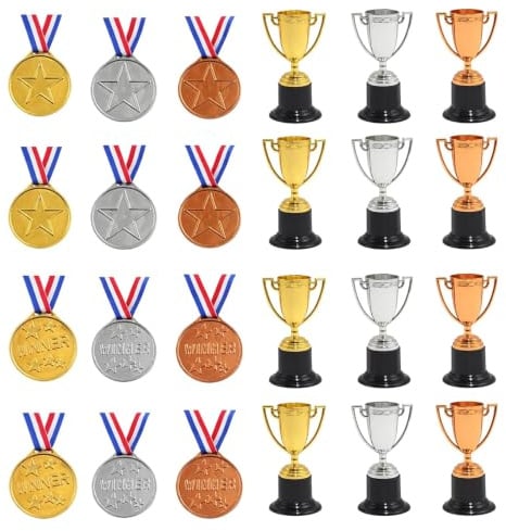 OhebEsx Pokal, 24 Teiliges Set, 4 Goldene, 4 Silberne Und 4 Bronzene Pokale Sowie 12 Passende Medaillen, Mini Pokale, Elegant Und Langlebig, Ideal Für Veranstaltungen Und Prämien
