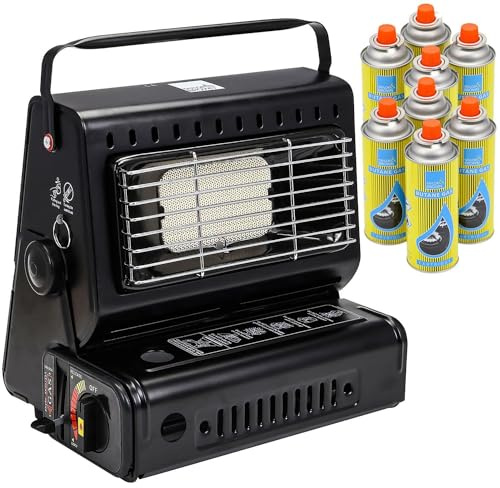 Greenfields Outdoor Gas Heater with 8 Canisters, Portable 1.3kW Camping Heater with Ceramic Burner, Compact Lightweight, Auto Ignition Safety Grill for Patio Garden Caravan, Black
