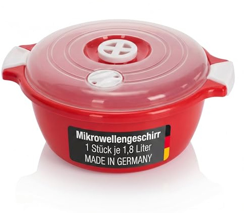 Lantelme Mikrowellenschüssel mit 1,8 Liter mit Dampfventil | in Deutschland hergestellt | Kunststoff stapelbar Schüssel für Mikrowelle Gefrierschrank (Rot)