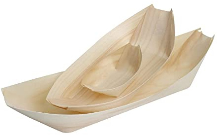 Fiesta Green Poplar Wooden Food Boats, 80mm, Pack of 100 | Biodegradable material offers an eco-friendly serving option for catering events, tasting menus and mobile food stalls.