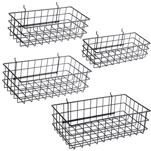 Pegboard Baskets, Set of 4 Black - Hooks to Any Peg Board - Pegboard Accessories, Square Style Wire Shelf Baskets - Organize Tools, Workbench, Garage Storage - Wall Organizer Attachments