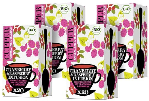 Cupper - Pack de 4 Cajas de 20 Bolsitas de Infusiones Ecológicas Con Arándanos y Frambuesa - Propiedades Refrescantes y Digestivas - Contiene Rosa Mosqueta y Raíz de Regaliz