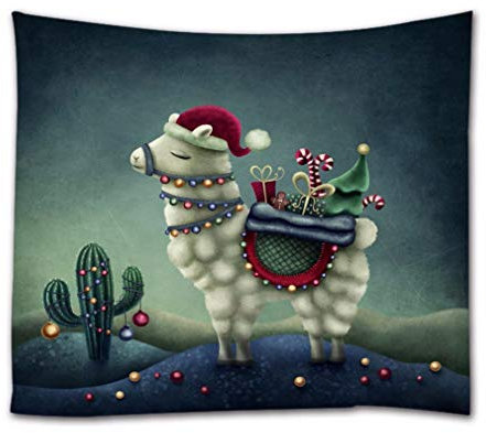 A.Monamour Wandteppiche Süße Aquarell Cartoon Alpaka Lama Wüste Kaktus Weihnachtskugeln Tier Themen Textil Stoff Wandbehang Tapisserie Vorhänge Tischdecke Tagesdecke Strandtuch 180x200cm