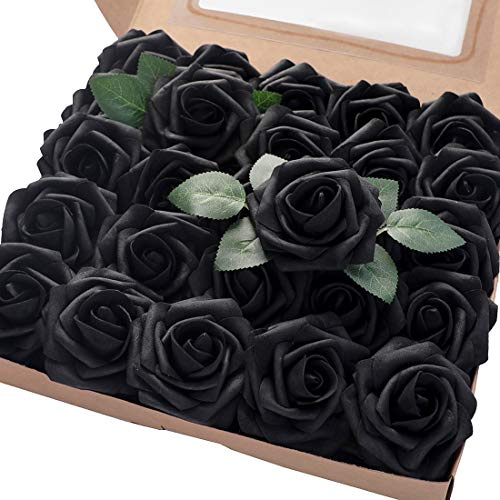 Floroom, Künstliche Blumen, 50 Stück, Realistisch wirkend, Schwarze Schaumstoff-Rosen mit Stielen, Hochzeitssträuße, Tafelaufsätze, Arrangements, Partytische, Zuhause, Halloween-Dekorationen