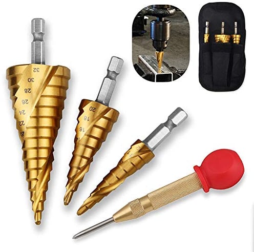 Juego de brocas escalonadas ranuradas en espiral 3 pzs Brocas Escalonadas HSS con punzón central con tapa de goma, recubierta de titanio herramientas eléctricas para madera, metal, acero inoxidable