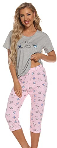 Pyjamas för damer, tvådelad pyjamas, sommar, nattlinne, kortärmad, husdräkt, bomull, nattkläder, topp och byxor för kvinnor, damer, ung flicka, Grått, XXL