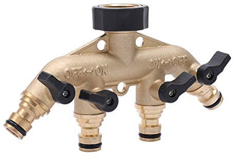 TOPWAY 4 Way Solid Brass Tap Garden Hose Splitter, Outdoor Utility Hose Connector Water Taps Divider Distributor With Individual On/Off Valves and Quick Connectors for Watering Irrigation 664022