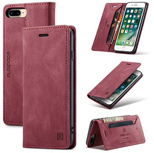 TOHULLE for iPhone 6 Plus for iPhone 6S Plus for iPhone 7 Plus for iPhone 8 Plus Case, Vintage Wallet Case Card Holder Kickstand hidden Magnetic Flip Leather Case - Red
