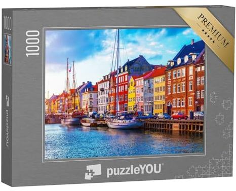 puzzleYOU: Puzzle 1000 Teile „Sonnenuntergang mit Blick auf den Pier in Nyhavn: Schiffe, Yachten und farbige Häuser“ – aus der Puzzle-Kollektion Dänemark, Kopenhagen, Skandinavien