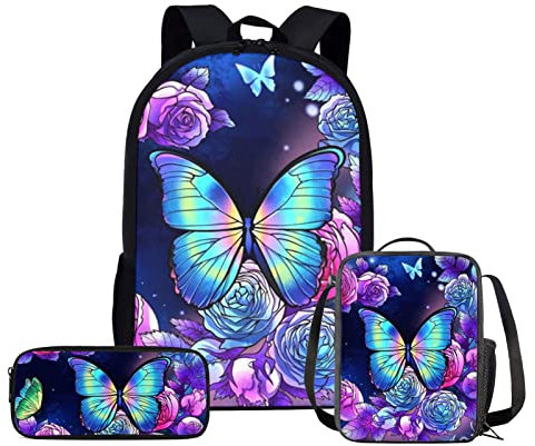 HELLHERO Butterfly Backpack Set for Kids Teen Girls School Bag with Lunch Bags Pencilcase Travel Casual Daypack Kindergarten Preschool Secondary Primary Bookbag Rucksack Travel Satchel