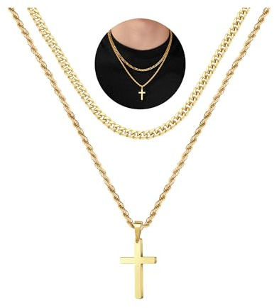 Yooblue Cross Necklace for Men, Mens Necklace 14K-Gold-Plated Layered Rope Chain Cross Chain Necklace, Stainless Steel Cross Pendant Necklace for Men Cuban Link Chain for Mens Jewelry