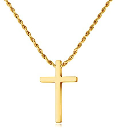 Stainless Steel Cross Necklaces for Men Rope Chain Mens Cross Chain Necklace Black Silver Gold Cross Pendant Necklace for Men Boys Women 16-24 Inches, 20 Inches(Men's Average Length), Stainless Steel,