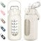 kytffu 42oz Glass Water Bottles with Straw, Motivational Quotes, Time Markers, Leakproof, Dishwasher Safe, White, 1900ml, Fitness, Swimming, Bottle