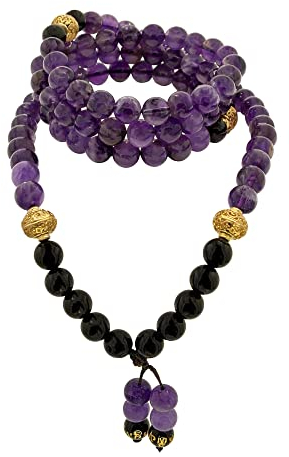 Samsara Tibetische Halskette aus Amethyst und Onyx - Tibetisches Mala mit 108 Perlen