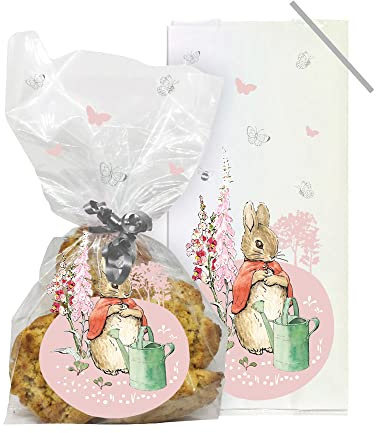 Anniversary House 20 Pieces Beatrix Potter Flopsy Bunny Treat Bags, BOPP Cellophane Bags, 12.5 x 28.5cm, Including Twist Ties, M589, White with Pastel Pink Accent