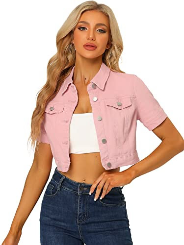 Allegra K Veste Jean Femme Rétro Blouson Denim Courte Boutonnage Col Revers & Taille Cintrée Manches Courtes Style Vintage Décontracté Rose M
