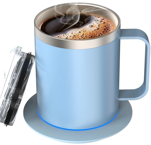 Zhenglu Heated Coffee Mug USB-Powered 304 Stainless Steel 12oz - 10-Hour Auto Shut-Off, Double-Wall Insulated Heating Mug for Hot Beverages, Coffee & Tea,Keeps Drinks 131°F-149°F (Cerulean)