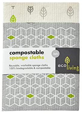 EcoLiving Compostable Sponge Cleaning Cloths - Dishcloth - Eco Friendly & Sustainable Biodegradable Sponge Cloths | Reusable Kitchen Cleaning Cloth - 2 Pack
