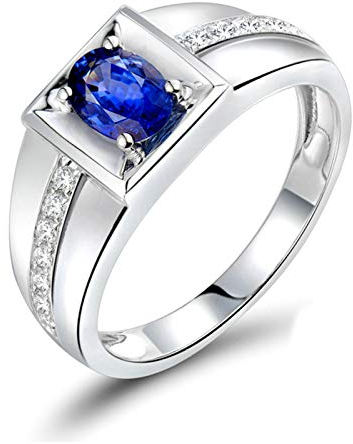 Lieson 18K Weißgold Ring Herren, Eheringe für Männer 0.6ct Oval Saphir mit 0.14ct Diamant Hochzeitsringe Weißgold Große 69 (22.0)