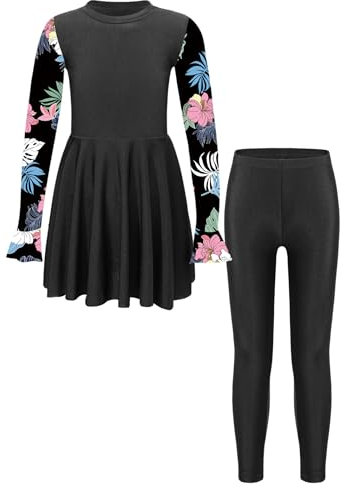 Manyakai Kids Girls Rash Guard Swimsuit UPF 50 Long Sleeve Swim Dress and Leggings Full Body Cover Beach Swimwear Black 13-14 Years