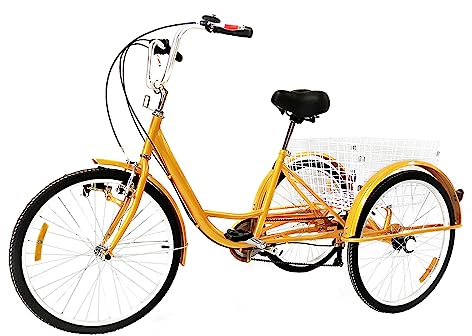 WDZCZDoo 24 Zoll Dreirad, 6-Gang Erwachsene 3-Rad Fahrrad mit Einkaufskorb, Verstellbarer 3 Räder Fahrrad Bike, Gelb