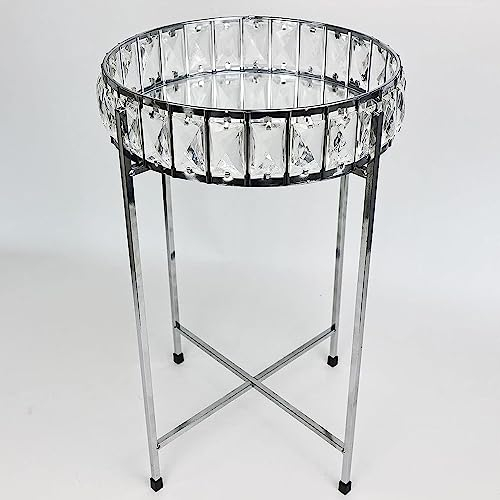 YORKSHIRE HOMEWARE Silver Crystal Mirrored Coffee Tables | Round Bedside Table | Removable Glass Top Tray Table |Chrome Metal Side End Round | Kitchen Living Room Home, 30D x 30W x 50H centimeters