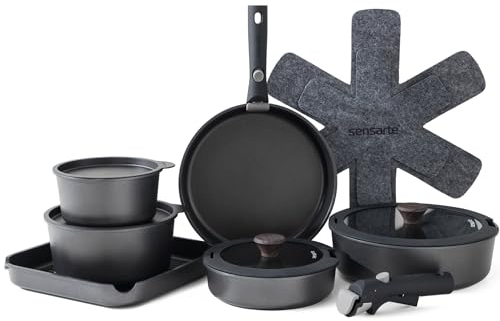 SENSARTE 17 Piece Pots and Pans Set, Nonstick Detachable Handle Cookware, Induction Kitchen Cookware Set with Removable Handle, Healthy Non Stick RV Cookware, Dishwasher & Oven Safe, PFOA Free (Black)