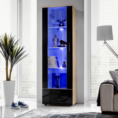 Komodee Vitrine Alessandria A1 Wotan/Schwarz 60x192x42 cm | Vitrine Alessandria, Wotan/Schwarz, Breite 60cm x Höhe 192cm x Tiefe 42cm, LED Blau , 3 Glasböden, für Wohnzimmer