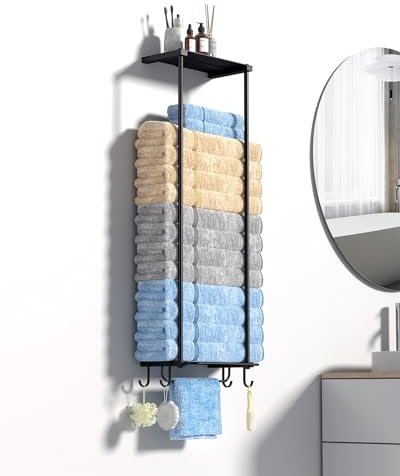 CLESOO Toallero de Pared, Toalleros de Baño con Estante de Almacenaje Metálico y 4 Ganchos, 76CM Toallero Baño de Desmontable con Capacidad Gran para para Baño Aseo Lavandería Hogar Hotel (Negro)