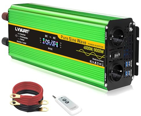 Yinleader Wechselrichter 24V 230V Reiner Sinus 4000W /8000W Spannungswandler 2 Steckdosen und 4 USB LCD (mit Fernbedienung)