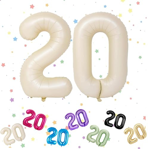 Beige Luftballon 20, Folienballon Zahl 20, 40 Zoll Helium Ballons 2 und 0, 20. Geburtstag Deko luftballon, Creme Luftballon 20. Geburtstag für Männer Frauen 20th Geburtstagsdeko Jubiläum Party Deko