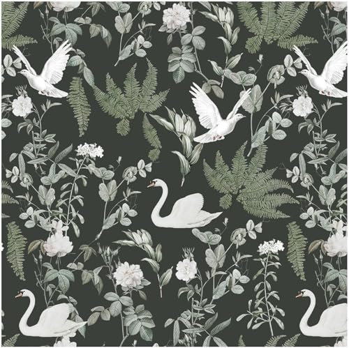 Carta da Parati Floreale Verde, 44 x 1000 cm Carta da Parati Adesiva Verde Fiori Foglie Uccelli Botanica Boho Pellicola Adesiva per Mobili,Camera da Letto,Soggiorno,Bagno,Cucina