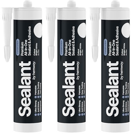 Bright White Construction Sealant & Adhesive All-In-One Hybrid Polymer | Superior to Silicone Sealant | Waterproof, Odourless, Anti-Mould, Paintable | Kitchen Bathroom Outdoor - 300 ml 3 Pack