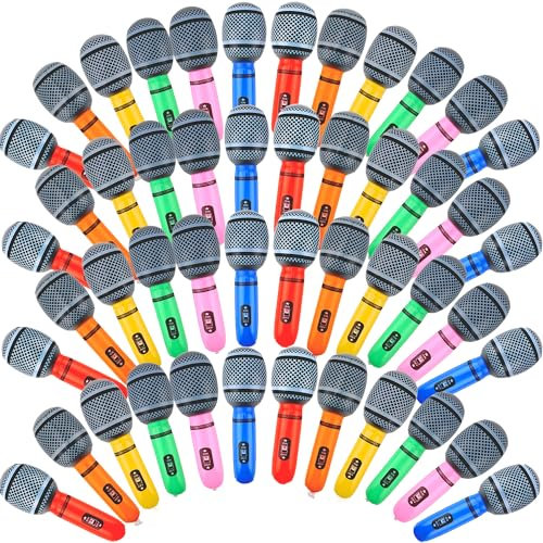 48 Pack Inflatable Microphones Blow up Microphone Bulk Pretend Inflatable Microphone Props Toys for 80s 90s Musical Concert Themed Cosplay Stage Party Role Play