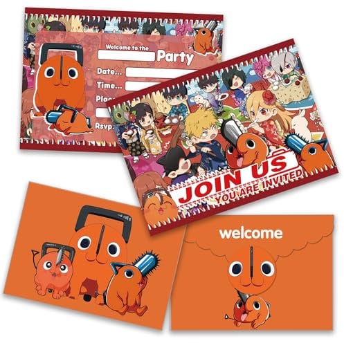 Roffatide Anime Chainsaw Man 24pcs Birthday Invitation Cards with Pochita Print Envelopes and Stickers, Denji Party Decoration, Boy and Girl Birthday Invitation Letter
