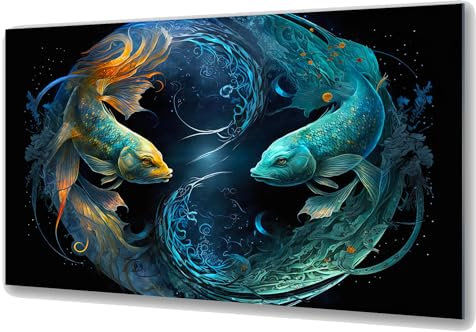 UVTECHPRINT Glasbild Wandbild Heimdekoration 90x60 cm Wohnzimmer Kunstdruck Bilder auf Glas Sternzeichen Fische Pisces