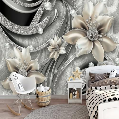 Vlies Fototapete 350 x 256 cm Fototapete Schlafzimmer Wohnzimmer Silber Vliestapete Wandtapete Fototapeten Bildtapete Einfache Diamant-Perlen-Blume Effekt Wand Dekoration