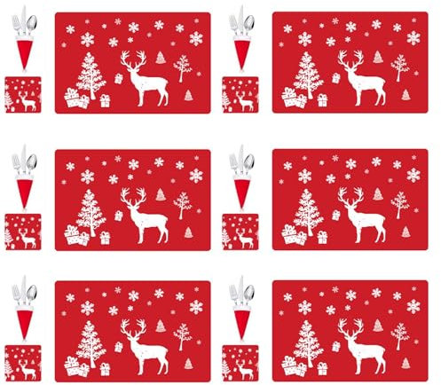 18Pcs Christmas Placemats Sets, Christmas Table Mats Christmas Dinner Table Decorations Christmas Place Mats Waterproof Xmas Table Mats, Christmas Holiday Kitchen Dining Home Table Decorations