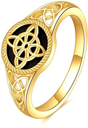 POPLYKE Vergoldet Keltischer Knoten Hexen Knoten Schwarz Onyx Stein Ring Sterling Silber Schwarz Turmalin Statement Ring Schmuck Geschenke für Frauen 8 Größe