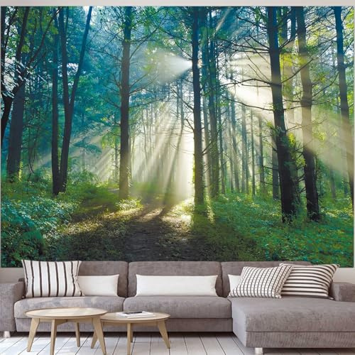 Wycian Wandteppich Wald Natur Nebel Wandtuch Baum Tapisserie Grün Wandteppich XXL 300cm Nebelansicht Sonnenaufgang Mikrofaser 150x130cm (Breite x Höhe)