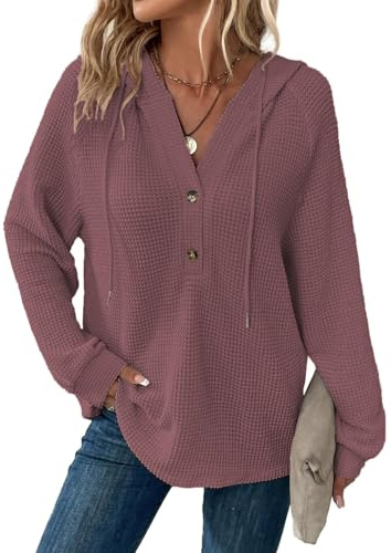 Cuptacc Sweat Femme Manche Longue Col V Boutonné Pull Oversize Cordon Waffle Sweat à Capuche Femme
